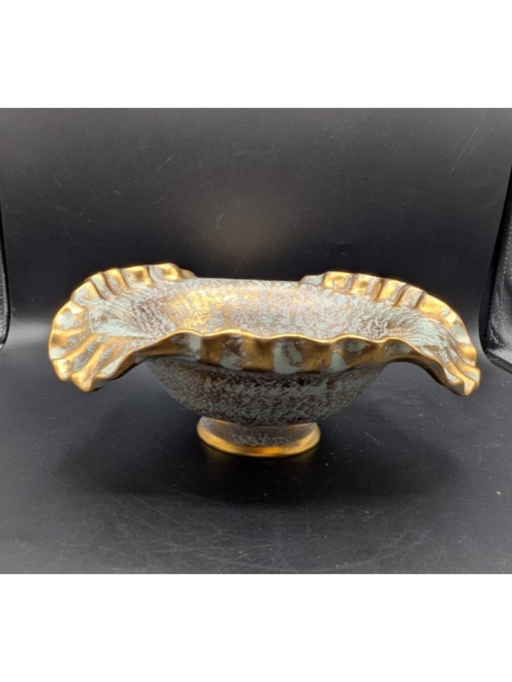 Vtg Stangl Pottery Footed Bowl Ruffled Compote Gold Pedestal Dish MCM 10"